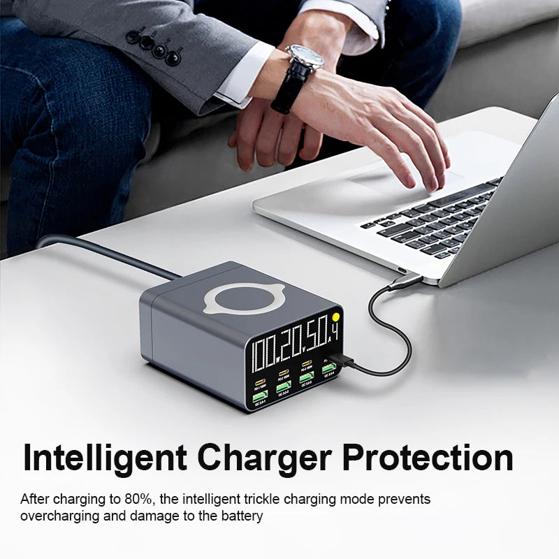 80W/120W 8 Ports Charger station Digital Display USB Type C With Wireless Charger PD QC3.0 Quick Charger For Laptop Tablet Phone