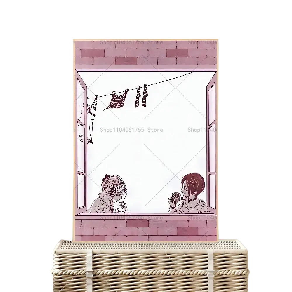 Autocollant-sticker d’affiche murale étanche de type classique animé Nana présentant une illustration d’une fenêtre en brique rose, avec deux filles partageant une collation sur l’appui de la fenêtre et du linge suspendu à l’extérieur.