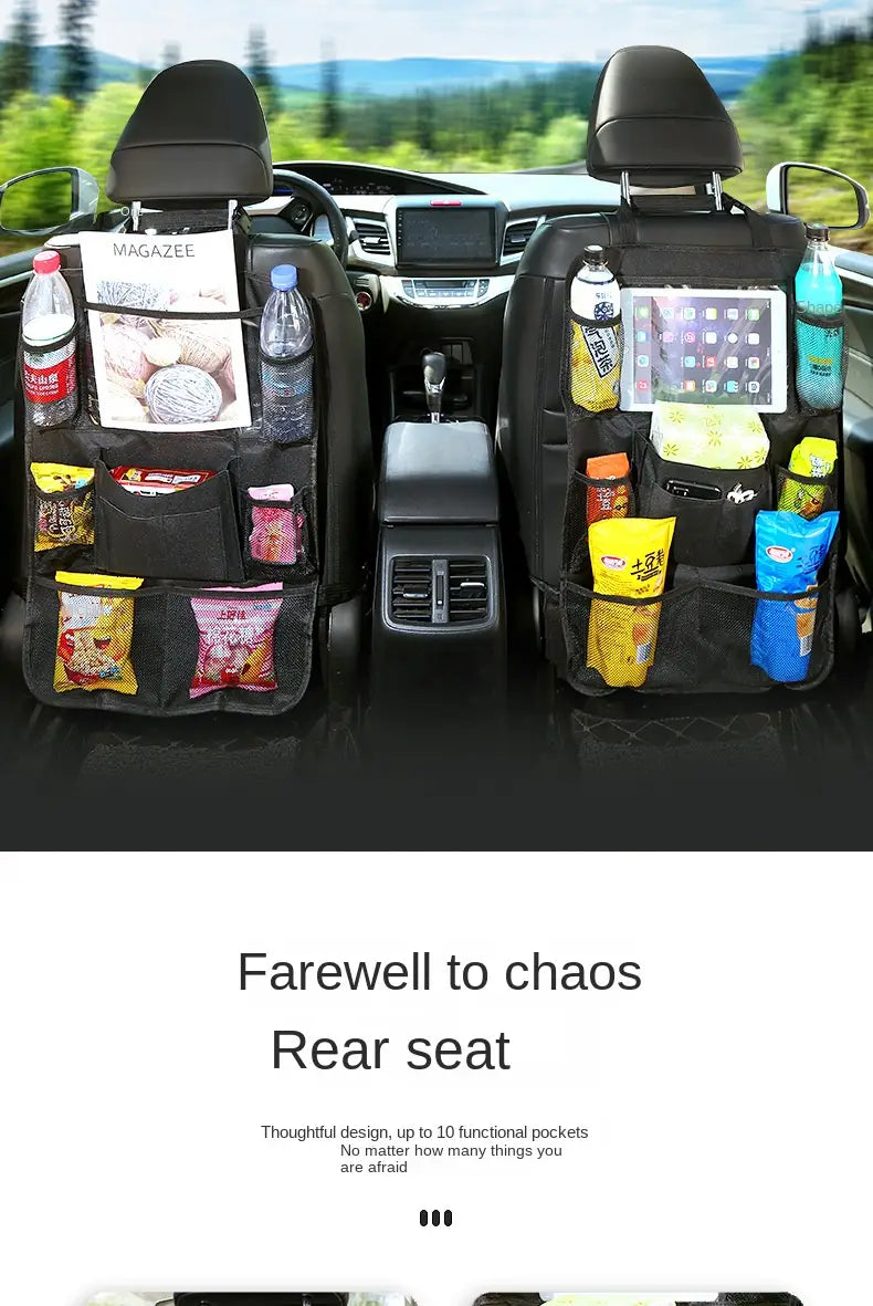 black car backseat organizer made of durable material with multiple pockets holding snacks drinks and a tablet featuring a tablet holder for convenience.