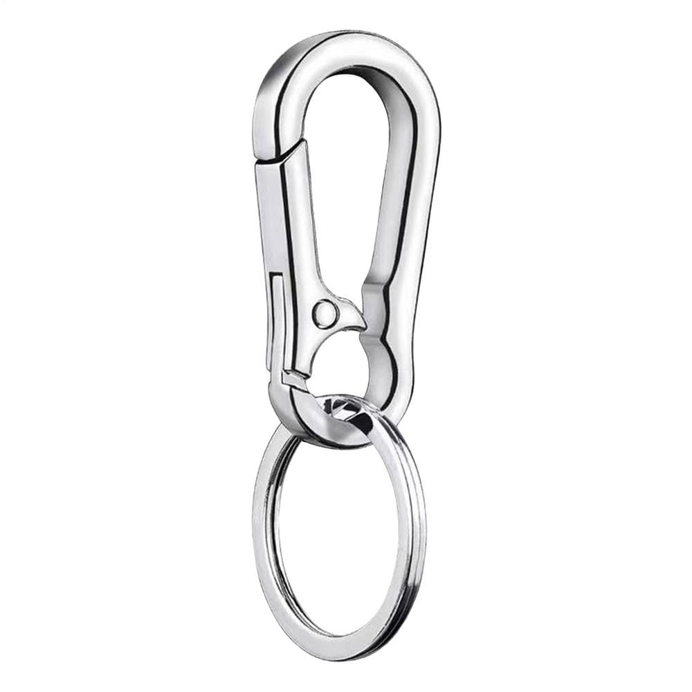 Shiny silver zinc alloy car keychain featuring an anti-lost carabiner ring with an attached key ring.