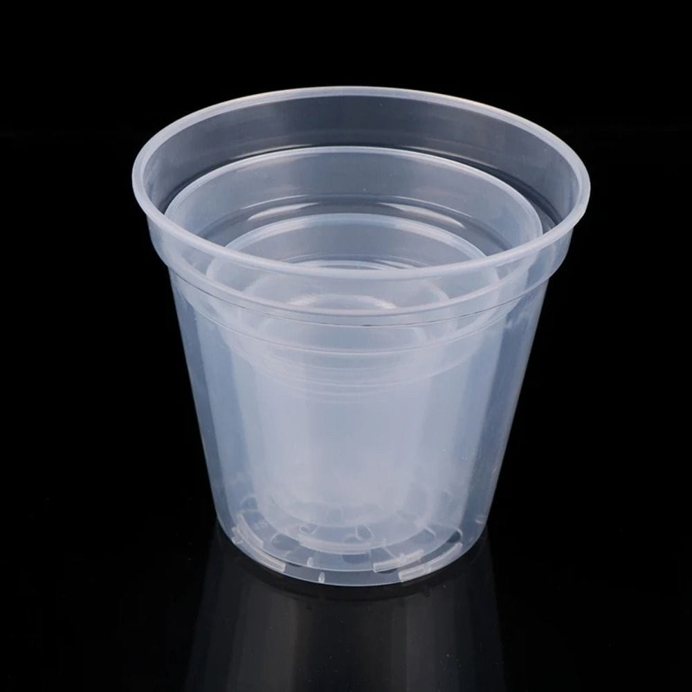 Maceta de plástico transparente con un diseño suave ligeramente cónico y base acanalada para uso en vivero.