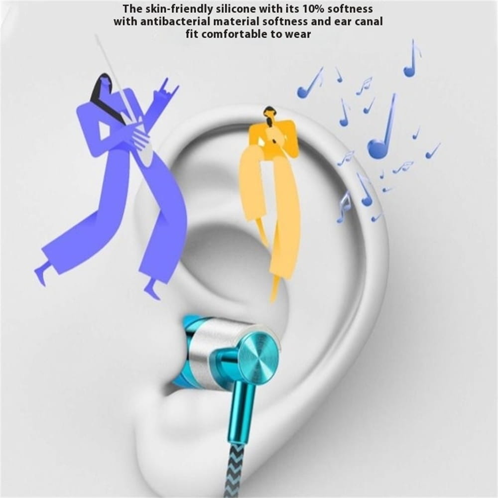 Teal and silver wired in-ear headphones with a sleek metallic finish and silicone tips designed for comfort provide bass stereo sound for mobile phone use.