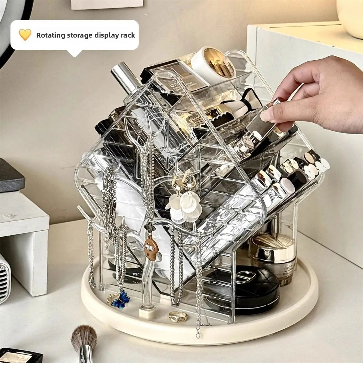 Organisateur de maquillage en acrylique transparent rotatif, avec un présentoir de rangement rotatif transparent, plusieurs compartiments et des crochets suspendus pour organiser les cosmétiques, les bijoux et les petits accessoires.