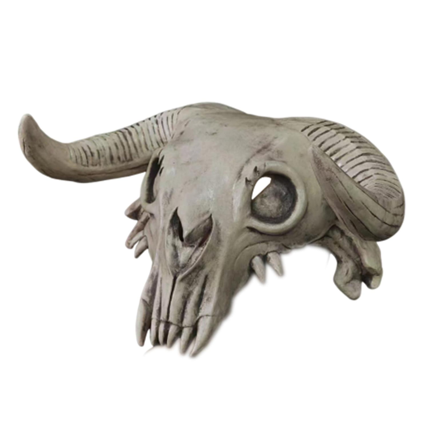 A detailed weathered gray plastic halloween cosplay mask featuring a creepy ram skull headpiece with textured horns and sharp teeth.