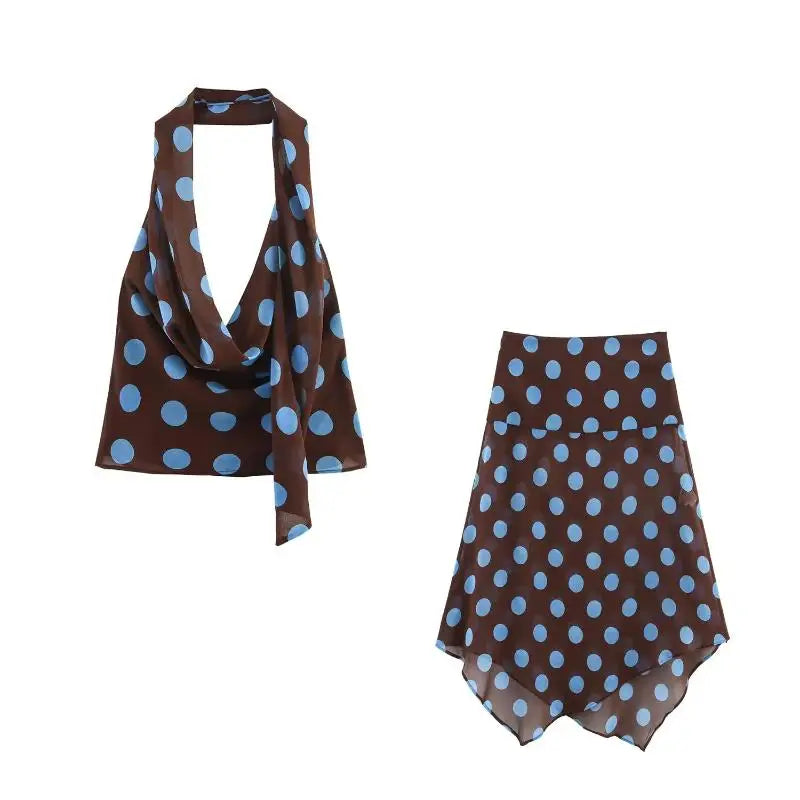 Chic Summer Outfits Women's Polka Dot Midi Skirt Set with Scarf Halter Design