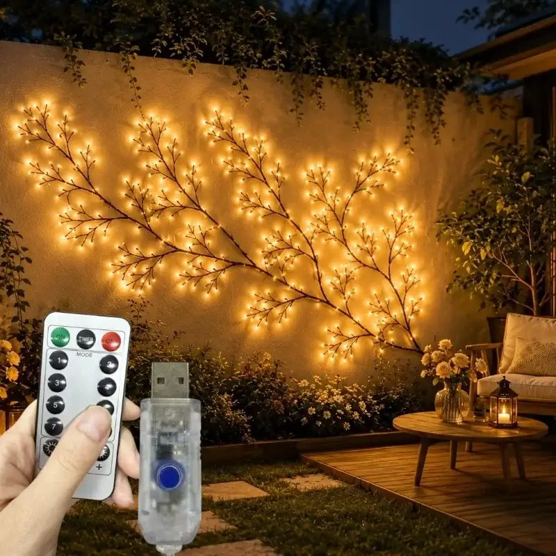 Guirlande d’éclairage féerique en rotin de saule alimentée par USB, comportant des guirlandes de LED dorées chaudes conçues pour imiter des branches d’arbres éclairées contre un mur.