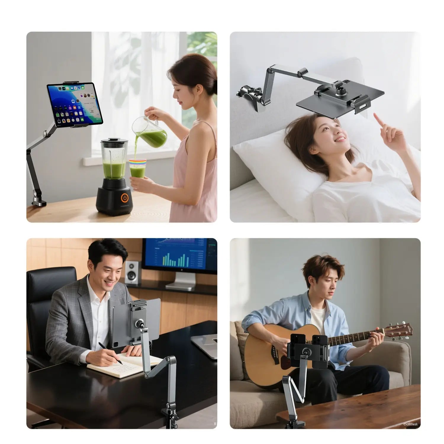Schwarzer verstellbarer Aluminium-Tabletarm mit gelenkigen Verbindungen und Klemme für vielseitige Ausrichtung; zeigt die Rückseite der Aluminium-Tablet-Tischhalterung mit 360°-Drehung.