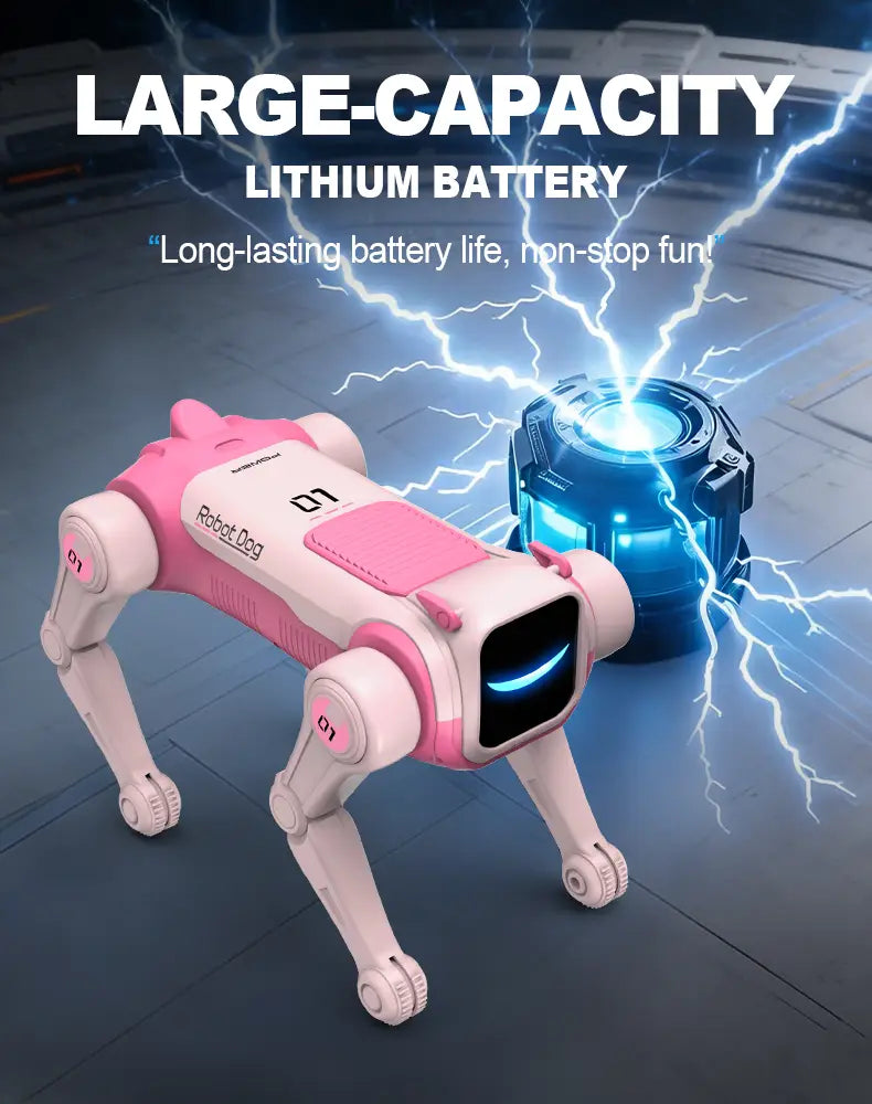 Pink and white robot dog with a glowing blue face and articulated legs featuring robot dog branding, designed as an intelligent AI programmable RC toy.