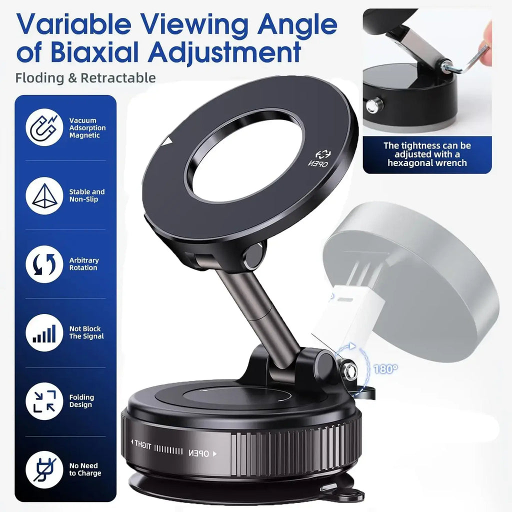 Black magnetic suction cup car phone mount with adjustable ring and articulated arm for mobile phone on smooth surfaces