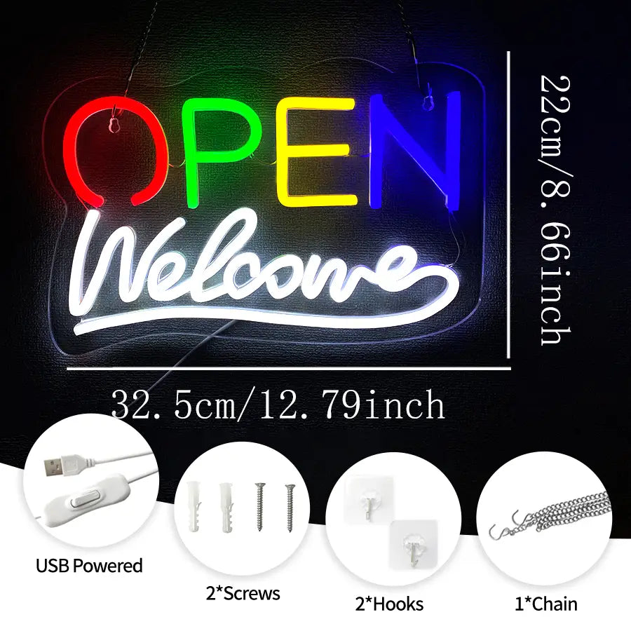 Enseigne néon vibrante multicolore affichant « ouvert » en lettres rouges, vertes, jaunes et bleues au-dessus d’un accueil blanc en cursive, avec possibilité d’alimentation par USB, quincaillerie de montage et chaîne.
