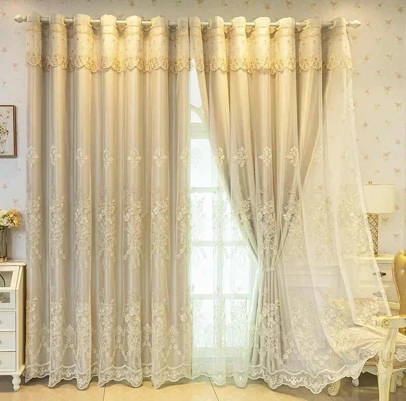 European Luxury Curtains for Living Room Bedroom  Embossed Embroidered Double-layer Blackout Cloth Gauze Integrated Custom Tulle