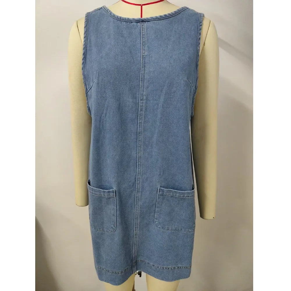 Women Denim Jeans Vest Dresses Sleeveless Off the Shoulder Backless Casual Tank Dress With Pockets