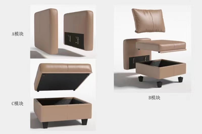 Beige leather ottoman with black storage compartment and legs shown alongside a heavy duty l shaped metal shelf bracket supporting up to 200kg.