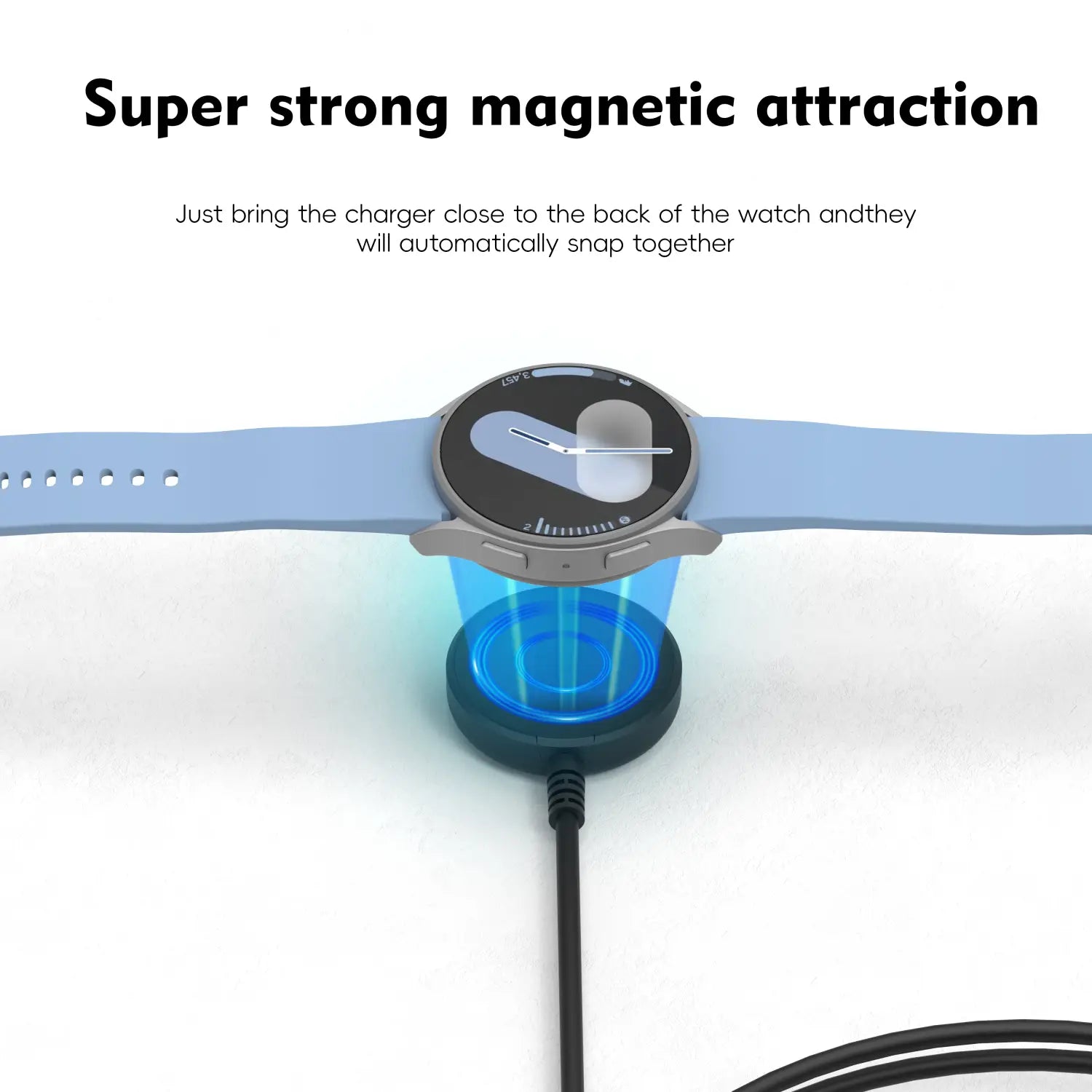 Light blue silicone watch band with silver-toned Galaxy Watch magnetic wireless charger USB A and C emitting a soft blue glow.