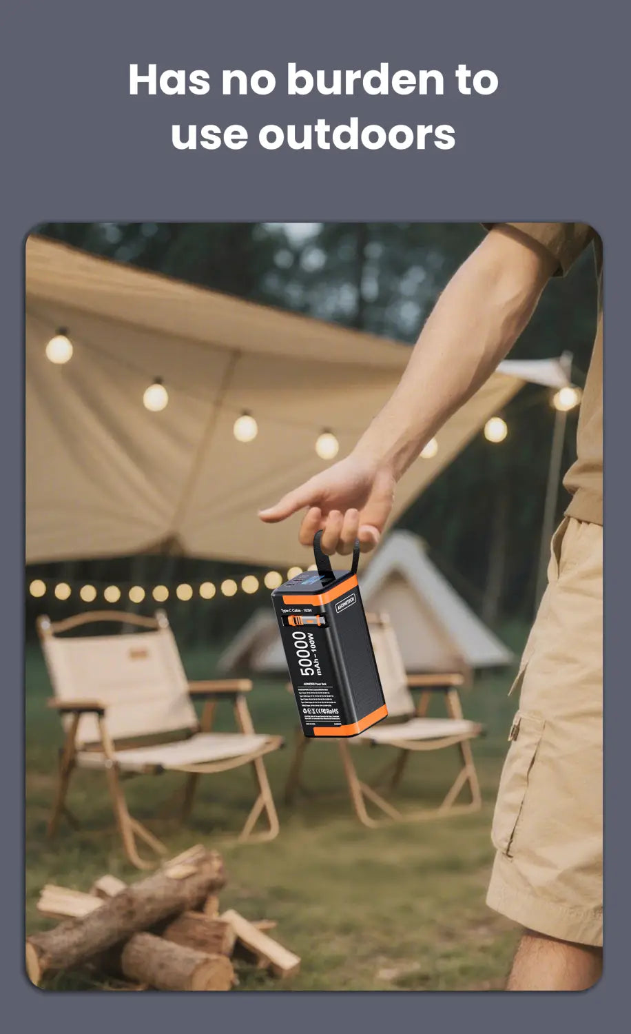 Power bank portable noir et orange Asometech 50000 mAh, 100 W, à charge rapide, avec une poignée conçue pour un usage en extérieur.