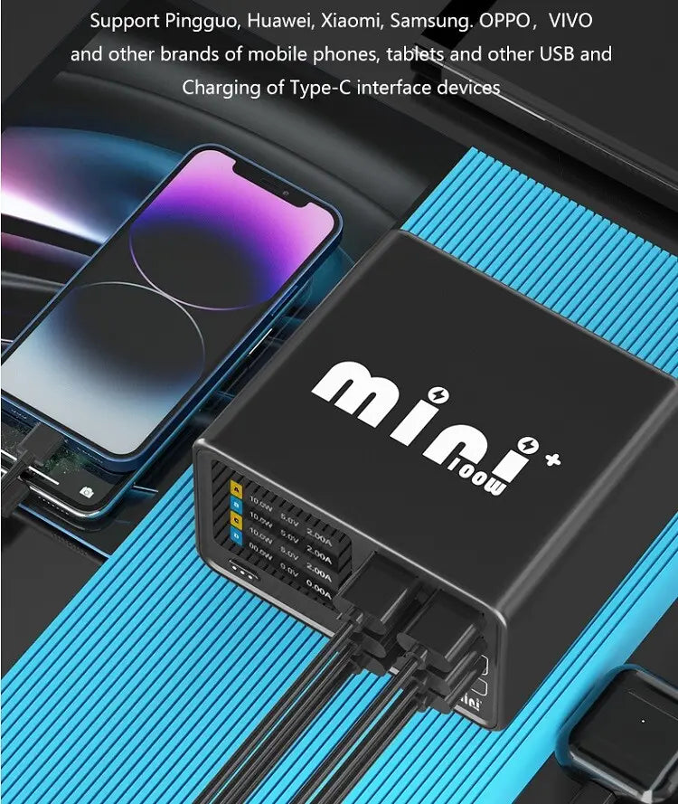 black mini 100w usb-c charging station with multiple output ports and cables connected featuring a digital display for desktop charging station use