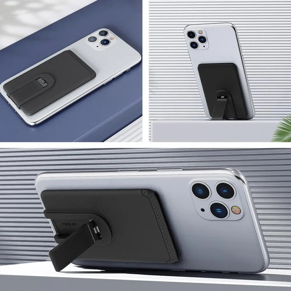 black magnetic silicone phone card holder with adjustable stand for mobile phone stick-on wallet universal fit