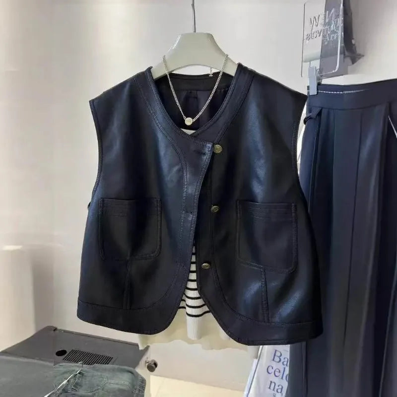 Short Leather Vest Jacket for Women Spring Autumn Super Popular European Retro