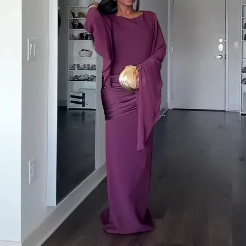 Elegant O-neck Formal Occasion Party Gown Women Causal Flared Sleeve Draped Evening Dress Fashion Waist Solid Slim Wedding Dress