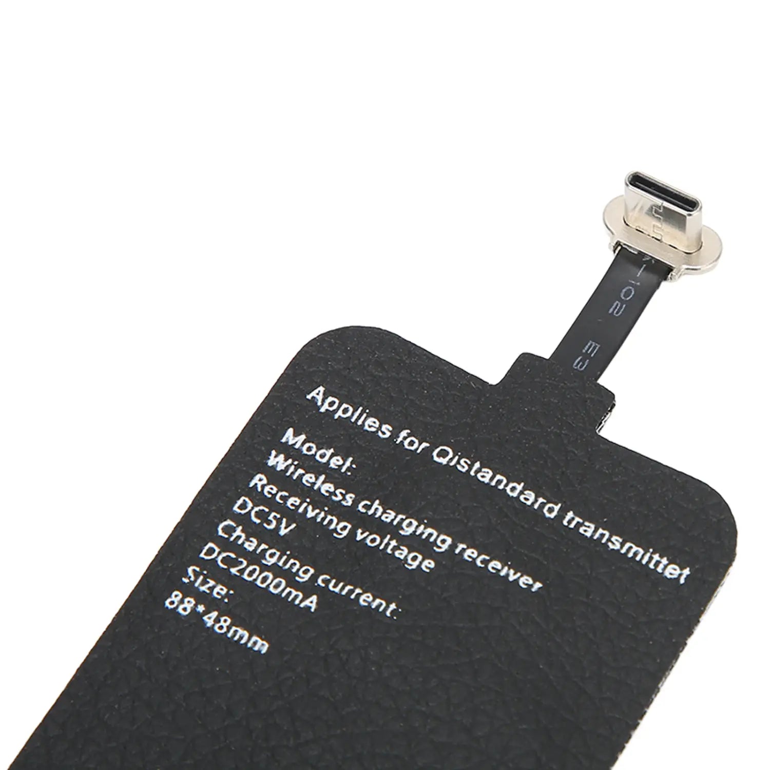Black wireless charging receiver with usb-c connector at the top designed for 10w wireless charging applications.