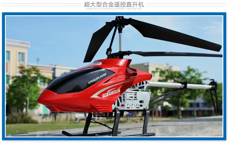 Helicóptero teledirigido rojo y blanco con palas del rotor negras y patines de aterrizaje, con batería de litio de 80 cm para un uso prolongado y un tiempo de carga eficiente.