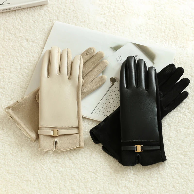 1 Pair of Gloves for Women in Winter Fleece-Lined to Heattech and Touch Screen Pu Elegant and Exquisite Cycling Driving Gloves