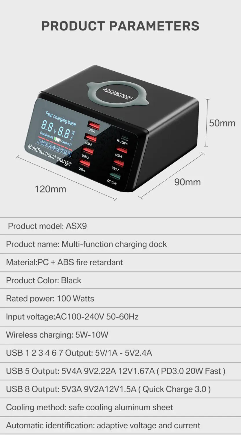 Station d’accueil de charge multifonction à charge rapide Asometech 100 W noire, avec plusieurs ports USB, écran d’affichage numérique et capacité de charge sans fil.