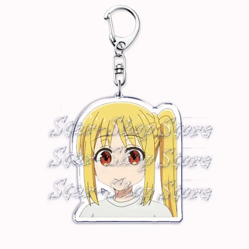Clear acrylic keychain featuring an anime character from Bocchi the Rock with blonde pigtails and red eyes wearing a white top.
