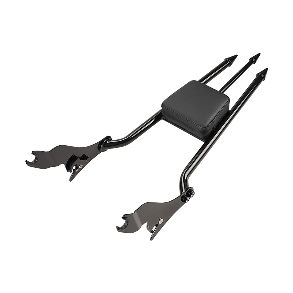 Black metal detachable passenger backrest for Harley Touring 2009-2025 rear side with padded black cushion and pointed finials.