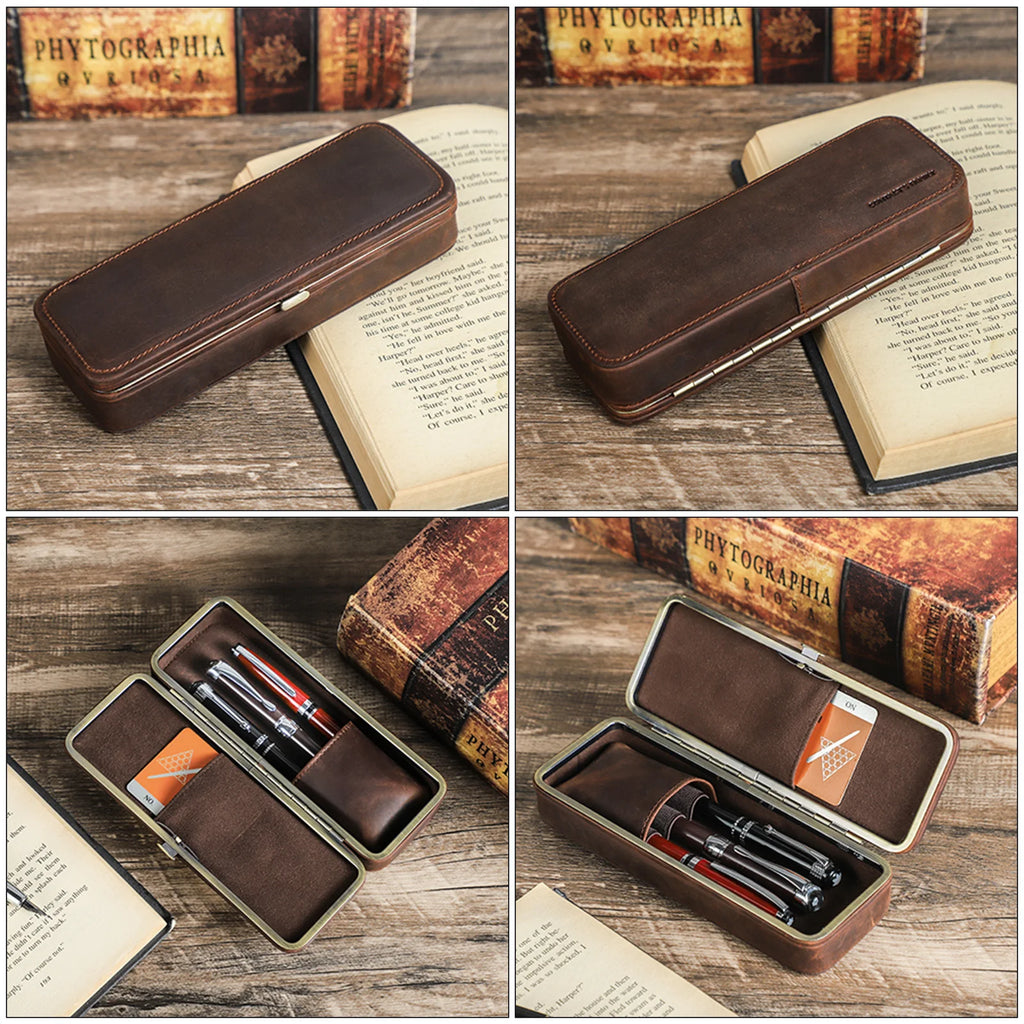 Luxury Handmade Genuine Leather 3 Slots Pen Case Retro Stationery Organizer School Office Gift Box