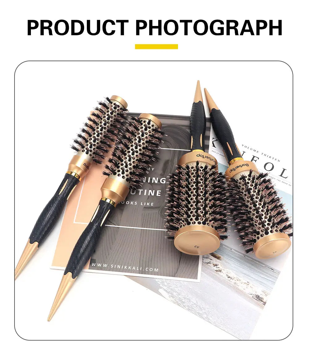 Set of five gold and black aluminum round hair styling brushes with bristle heads for hair curling and volume.