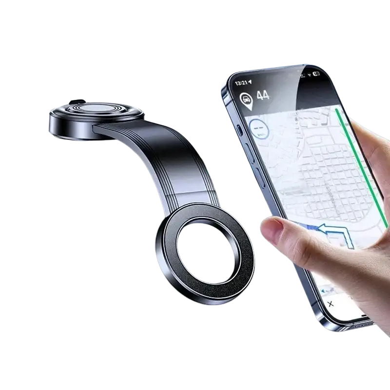 Black foldable magnetic car phone mount bracket with a curved design and metallic finish shown from front angle