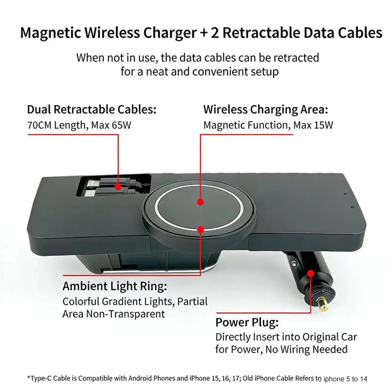 Cargador de coche inalámbrico magnético negro para Audi Q5 A4l, con dos cables de datos retráctiles y un anillo de luz ambiental.