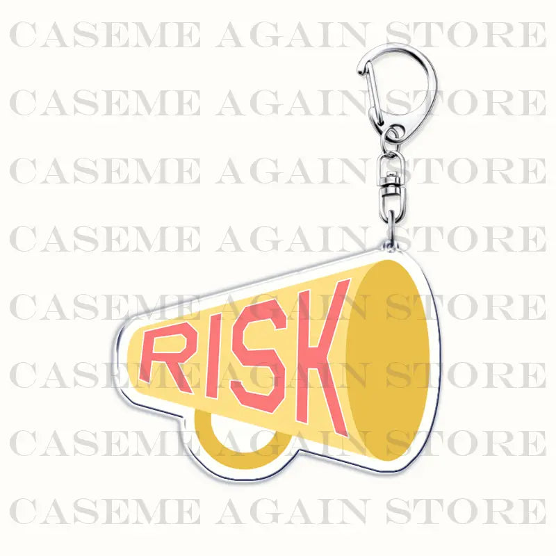 Yellow acrylic megaphone-shaped Gracie Abrams keychain featuring risk in red lettering with a silver metal clip designed as an anime fan gift.