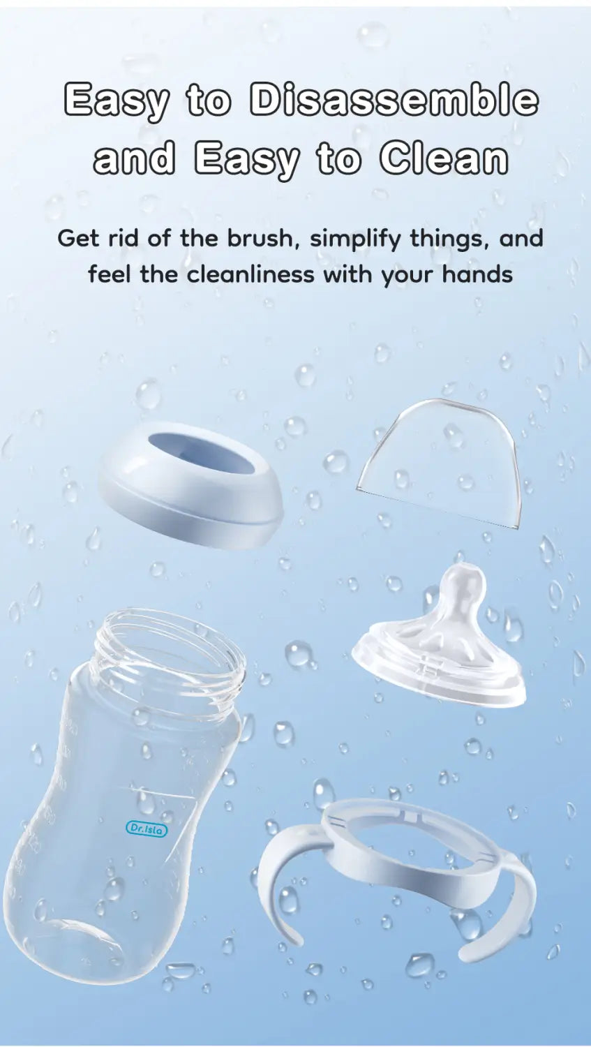 Klare, transparente Baby-PP-Flasche mit Griff aus weißem Kunststoff und weichem Silikonsauger, BPA-frei, erhältlich in den Größen 150 und 330 ml.
