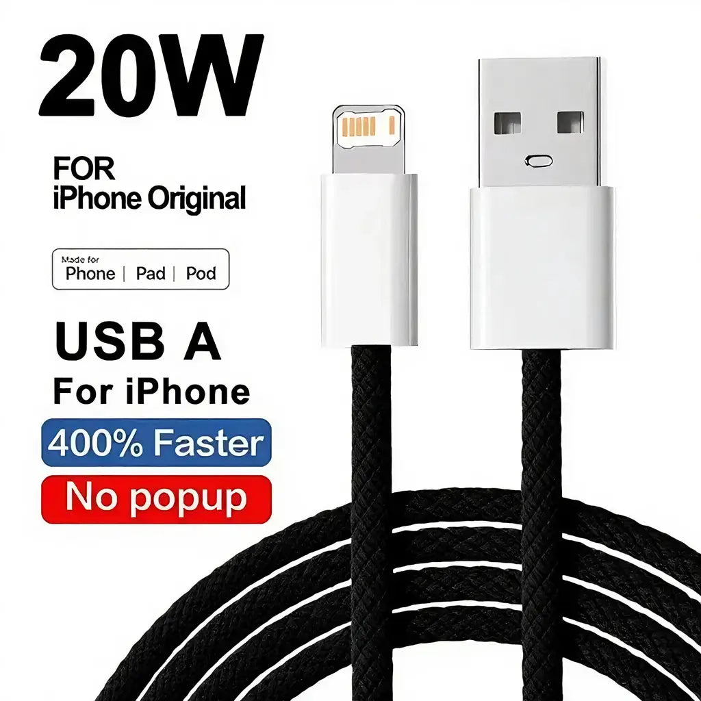 Black braided usb-a to lightning cable for iphone with 20w fast charging power designed for durable and efficient charging.