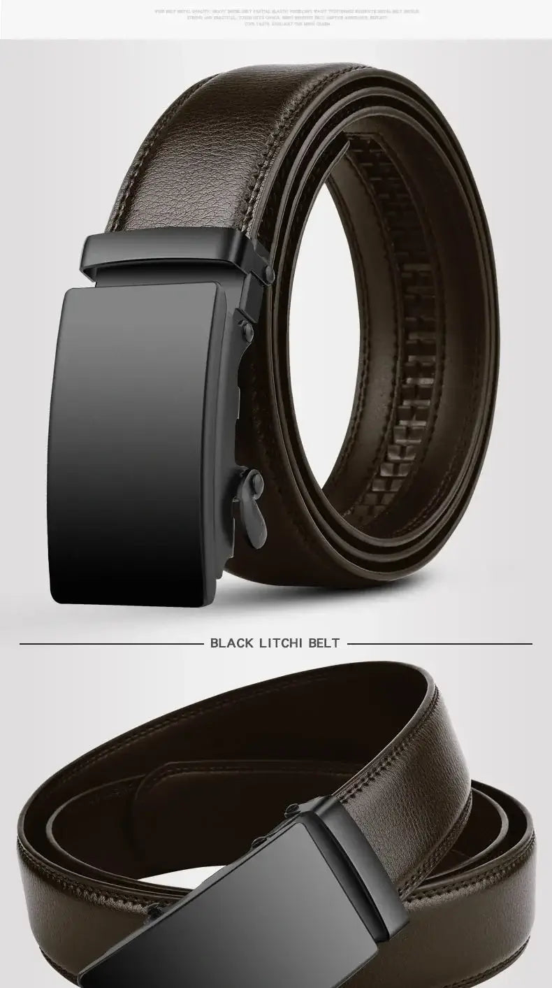 Cexika men brown leather automatic buckle belt featuring a black leather strap with a sleek black automatic buckle.