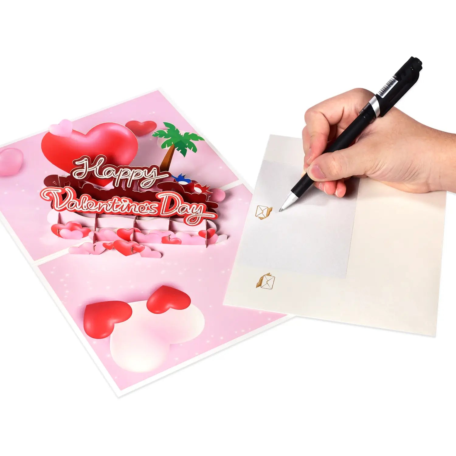 Carte de la Saint-Valentin 3D à effet pop-up rose, avec cœurs rouges, palmier et design à thème chocolat, pour un ensemble de salutations en couple romantique.