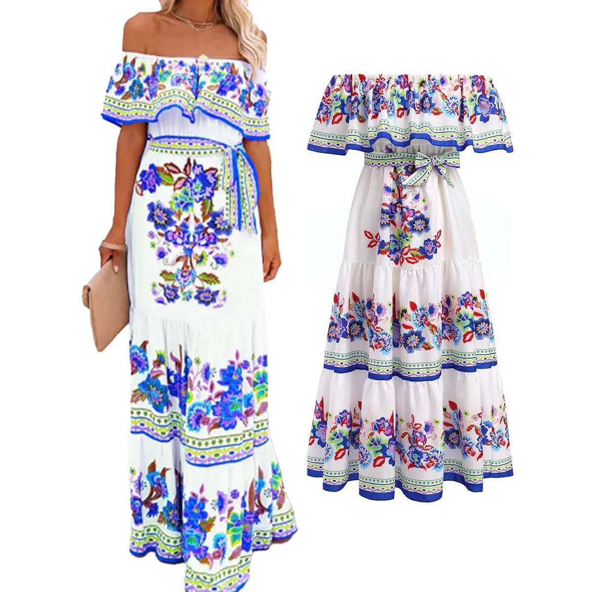 Beach Holiday Party Traditional Ethnic Wear Off Shoulder Floral Print Women Mexican Dress