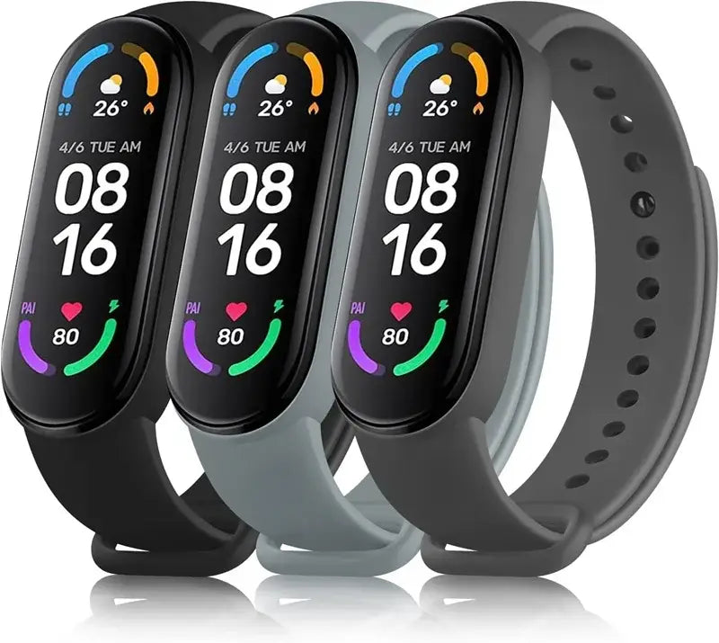 three xiaomi mi band 6 fitness trackers in black gray and dark gray wristband silicone bracelets with colorful digital displays showing time date temperature heart rate and activity metrics.