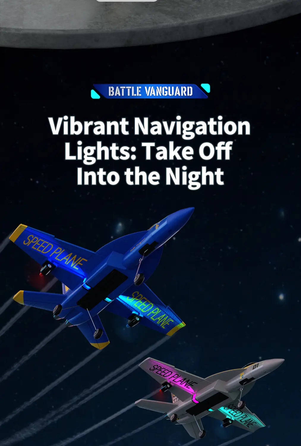 Blue and yellow remote control foam glider jet with glowing neon lights flying through space