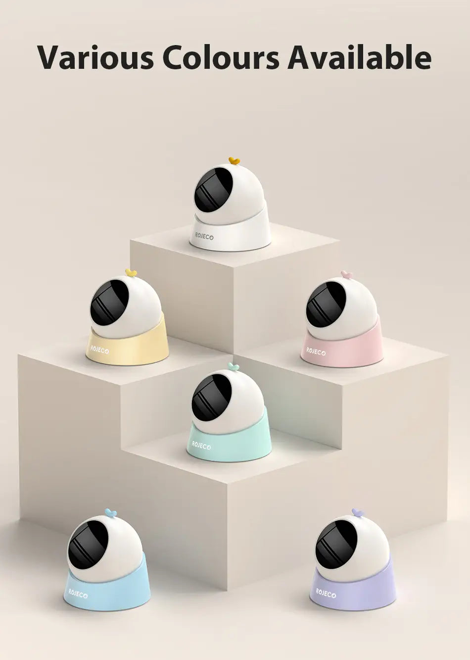 A rounded interactive laser cat toy security camera with a glossy white upper half and a pastel-colored base in shades of yellow pink mint green light blue and lavender shown from the front.