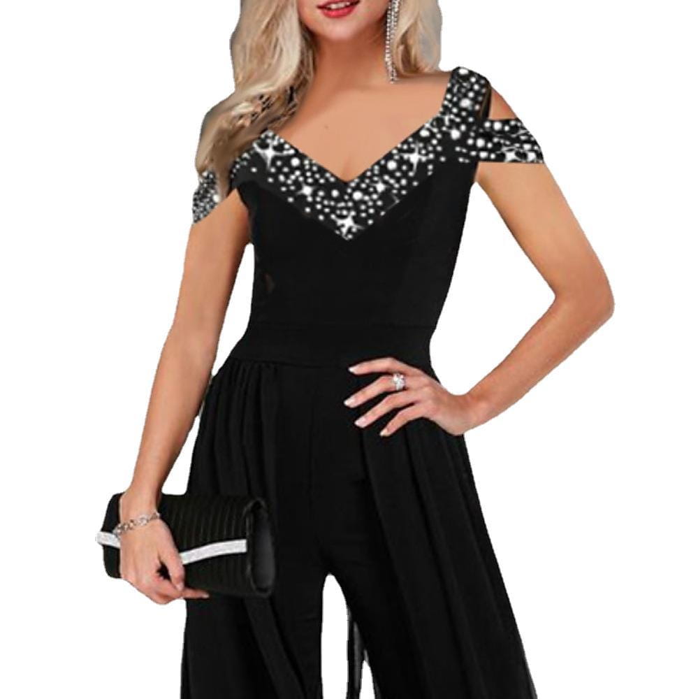 Black off-the-shoulder women v neck elegant jumpsuit romper featuring a v-neckline and star-patterned embellishments on the shoulders.