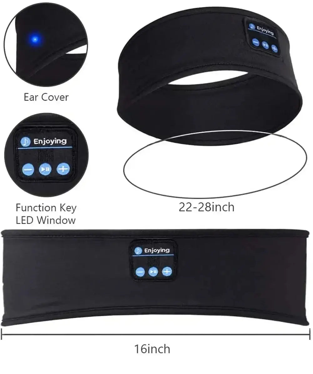 Schwarzes Stoff-Bluetooth-Schlafstirnband kabellose Sportkopfhörer mit integrierten Bluetooth-Steuerungen und LED-Anzeige.
