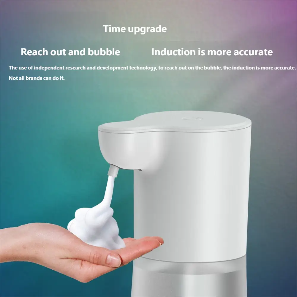 White sleek modern automatic soap dispenser with 350ml capacity and foam bubble generation designed for efficient hand soap use with smooth plastic finish.