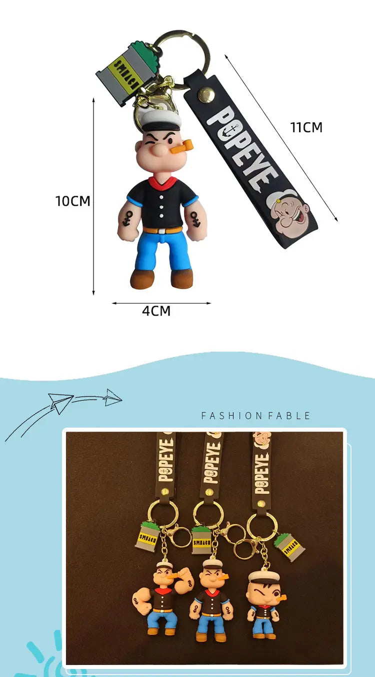 Popeye silicone keychain cartoon doll bag pendant featuring a keychain with black and white strap, popeye character in blue pants and red shirt, and green can charm.