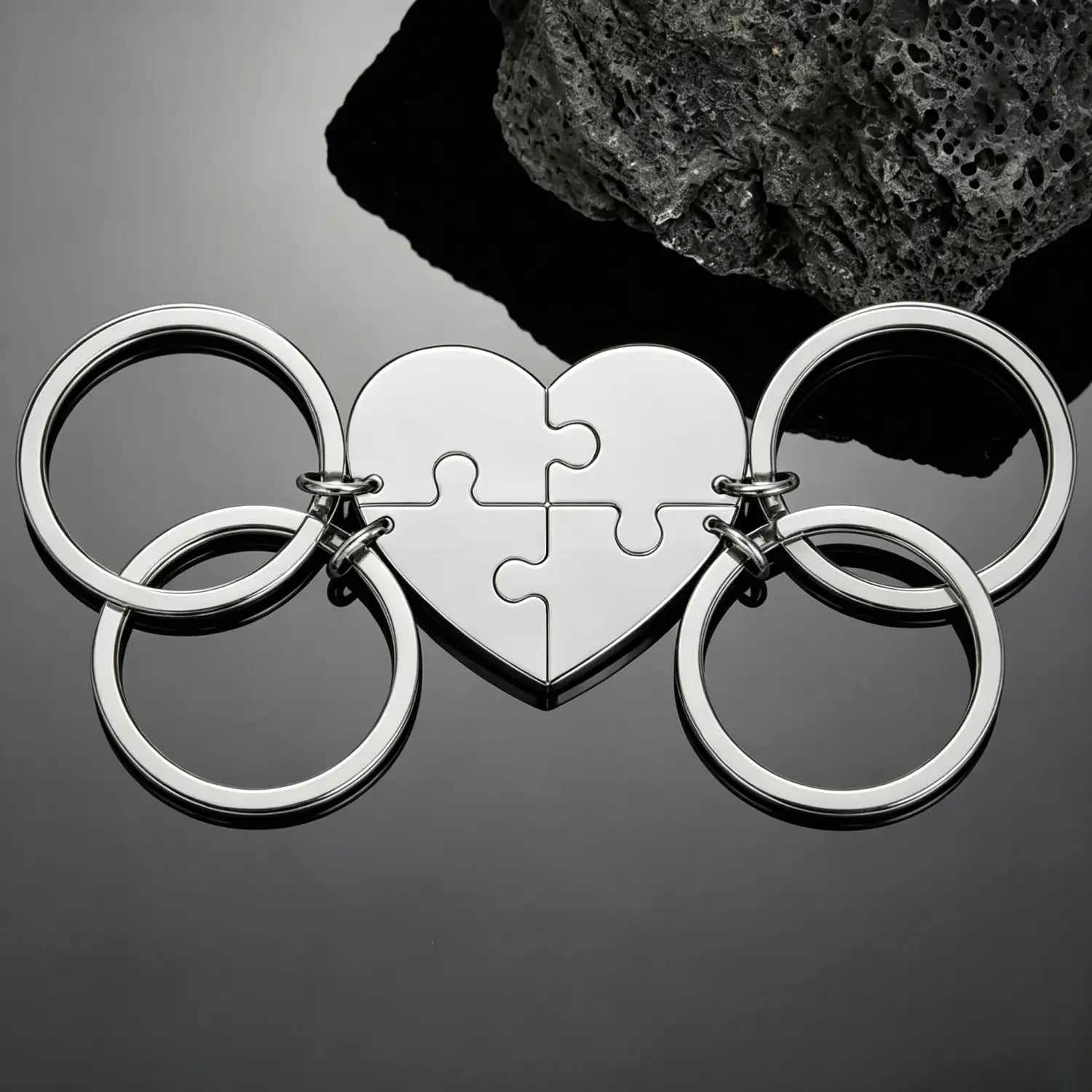 Shiny silver custom family puzzle heart keychain with interlocking puzzle-piece design and multiple rings made of metal.