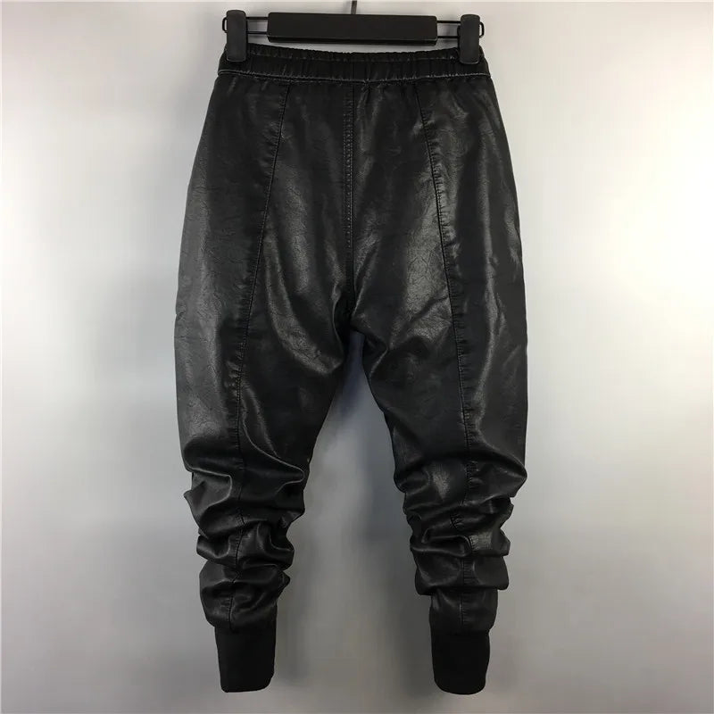 Men Casual Cargo Harem Pants High Street Hip Hop Length PU Faux Leather Sweatpants Autumn Winter Black Big Size