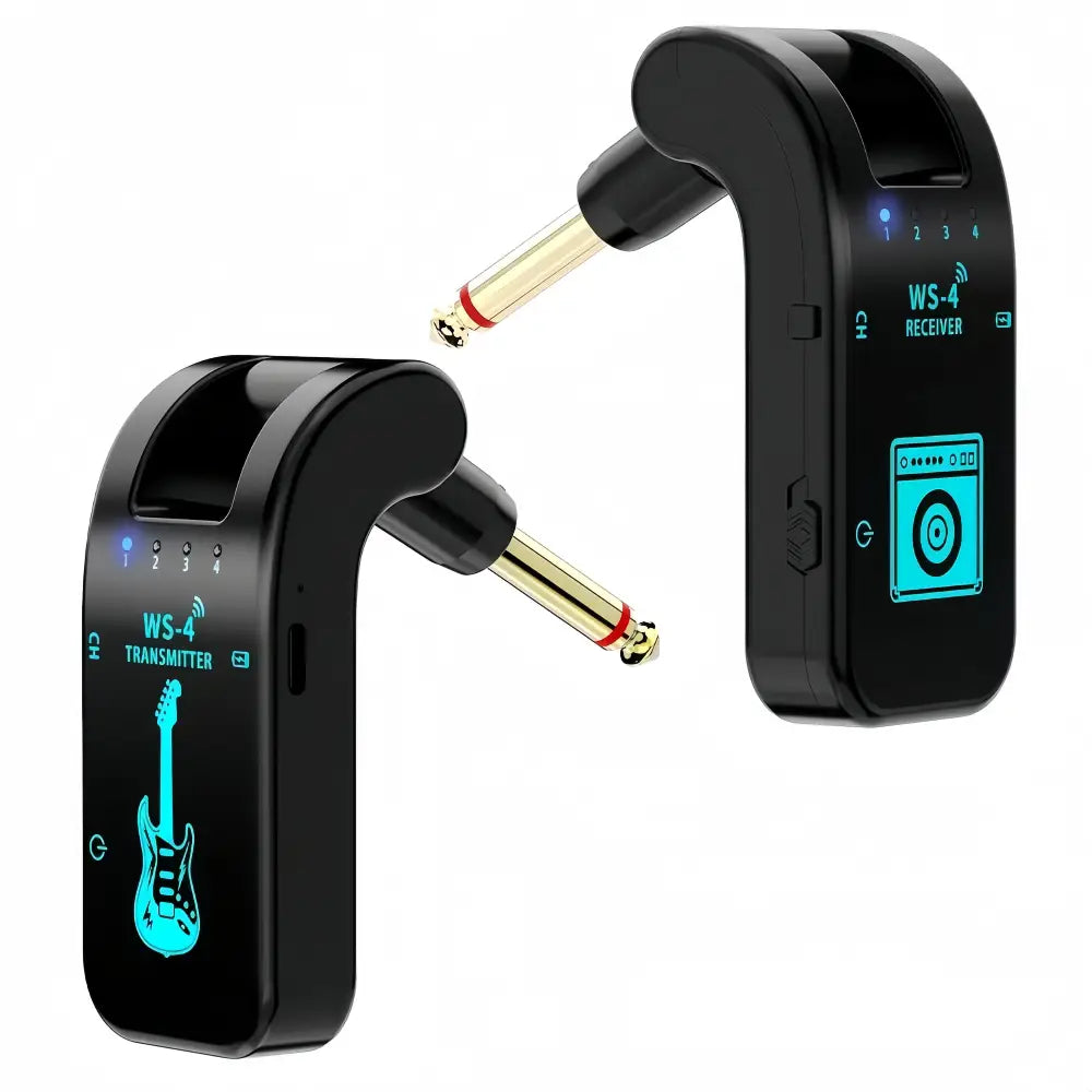 Funk-Gitarrentransmitter- und -empfängersystem in Schwarz mit goldfarbenen Audioanschlüssen und blau beleuchteten Displays für eine professionelle Gitarrensignalübertragung.