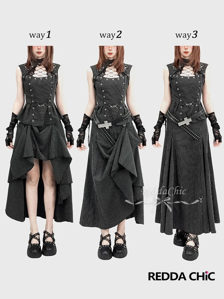 REDDACHiC Pinstripe Tank Top Skirt Women Matching Set Retro Mock Neck Sleeveless Blouse Hi-Lo Skirt Goth Music Festival Outfits